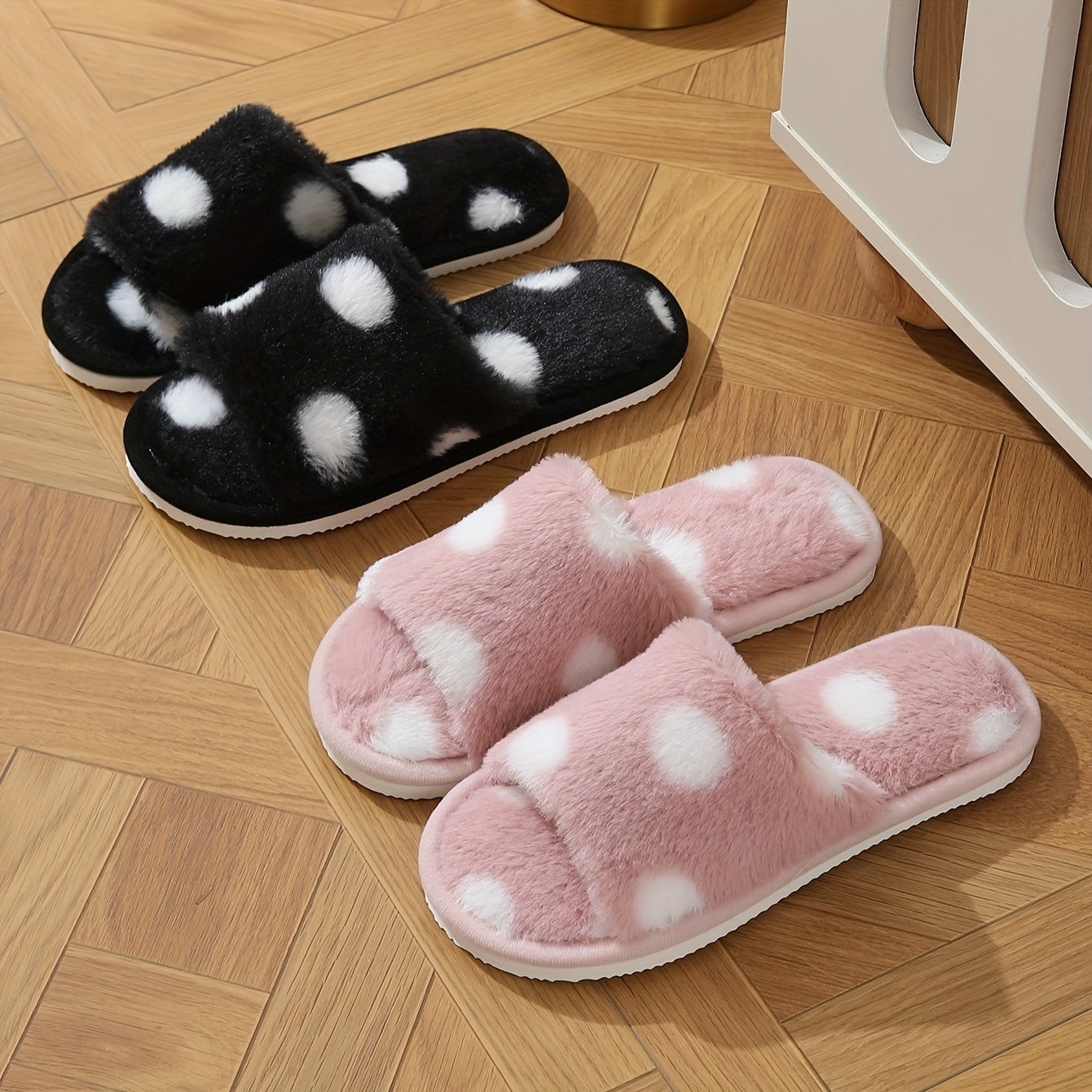 Women's Plush Fuzzy Open-Toe Indoor Slippers - Non-Slip EVA Sole, Black and Pink