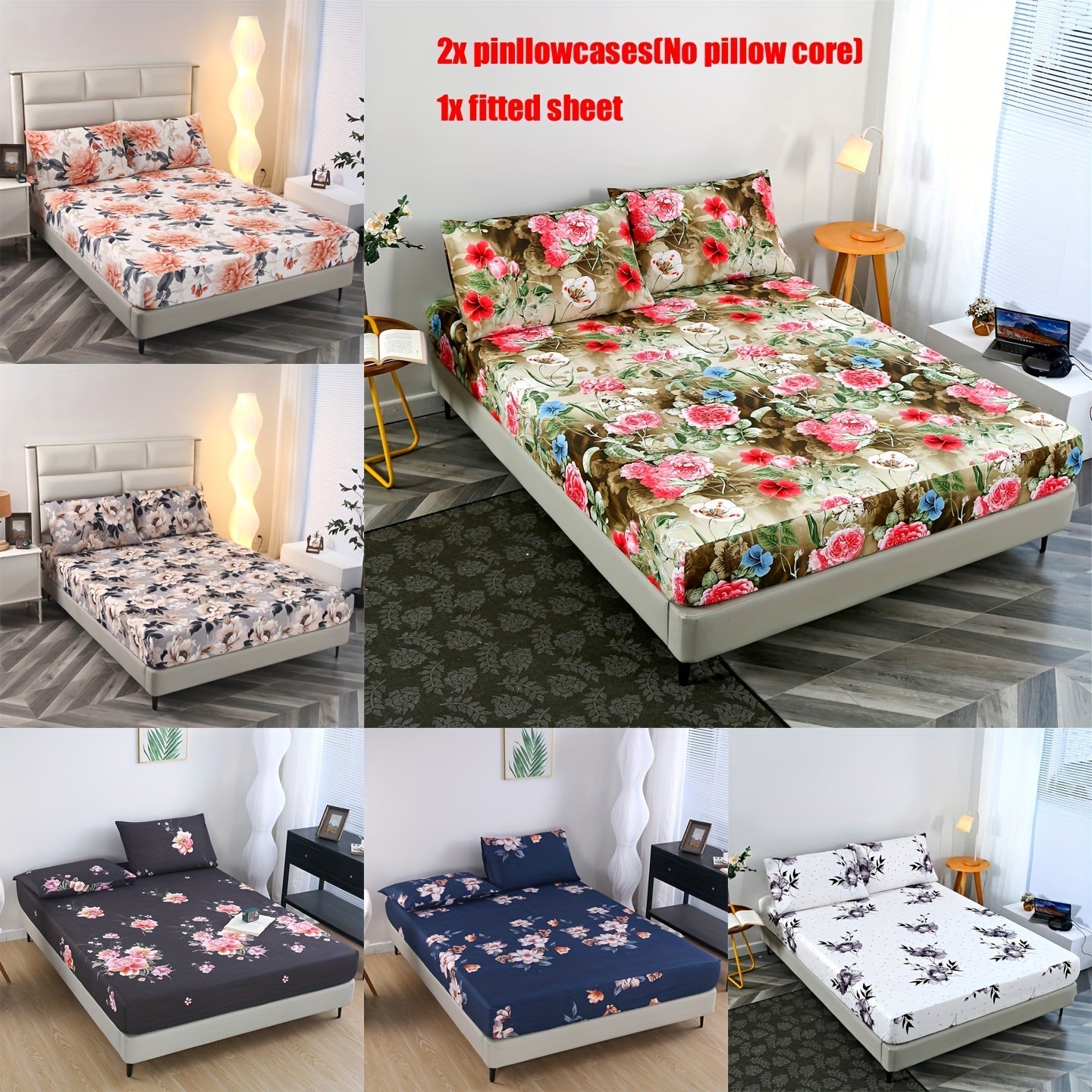 Conjunto de ropa de cama con estampado floral, sábana ajustable y fundas de almohada para dormitorio y habitación de invitados