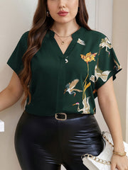 Women's Plus Size V-Neck Short Sleeve Blouse Polyester Animal Print Casual Shirt