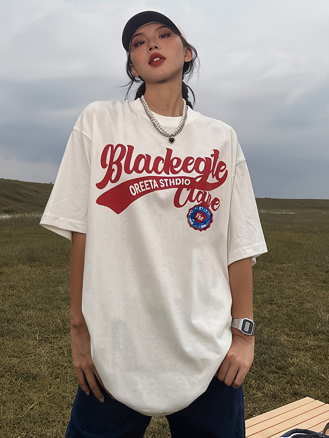 Women's Oversized Graphic T-Shirt Retro Letter Print Casual Short Sleeve Top