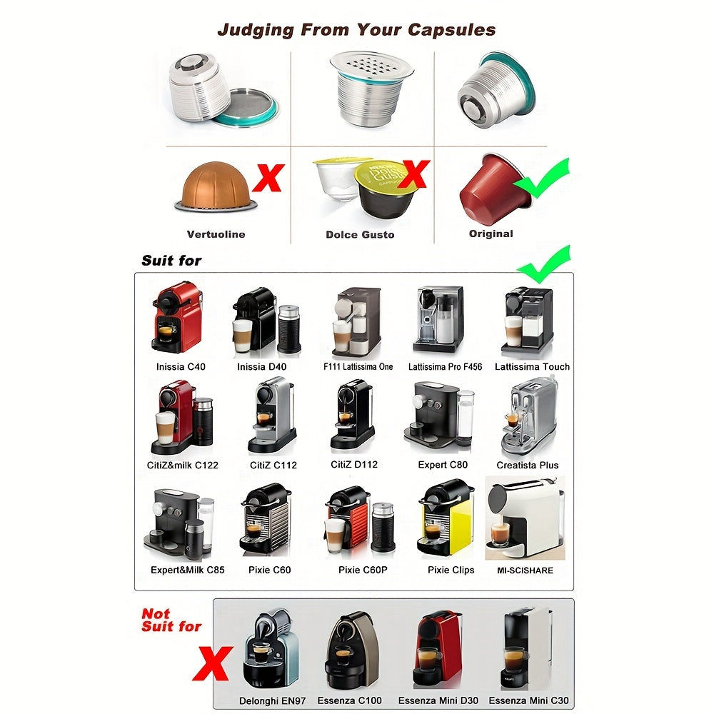 Juego de filtros recargables para cápsulas de café con tampón, acero inoxidable, compatible con Nespresso