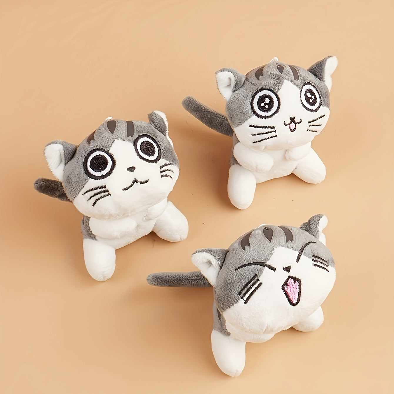 Soft Plush Cat Toy with Cartoon Cat Design in Light Brown White Gray Pink for Small Pets