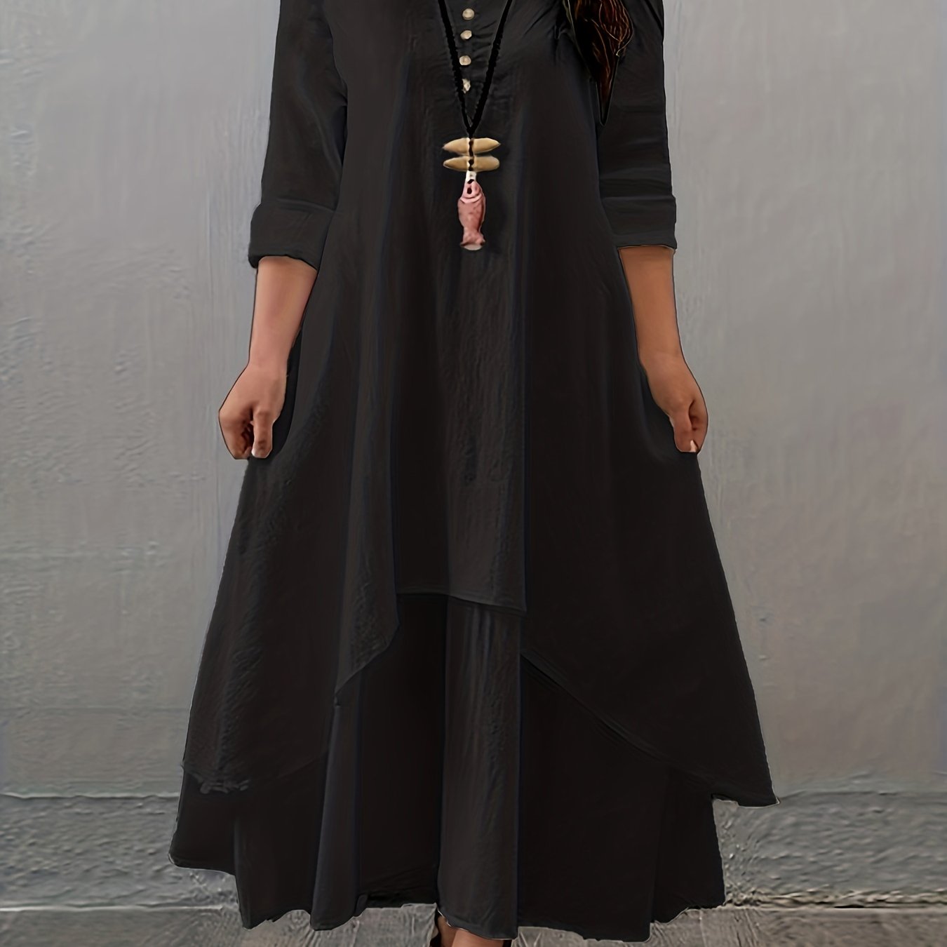 Plus Size Long Sleeve Layered Hem Dress for Spring Fall Casual Woven Rayon Solid