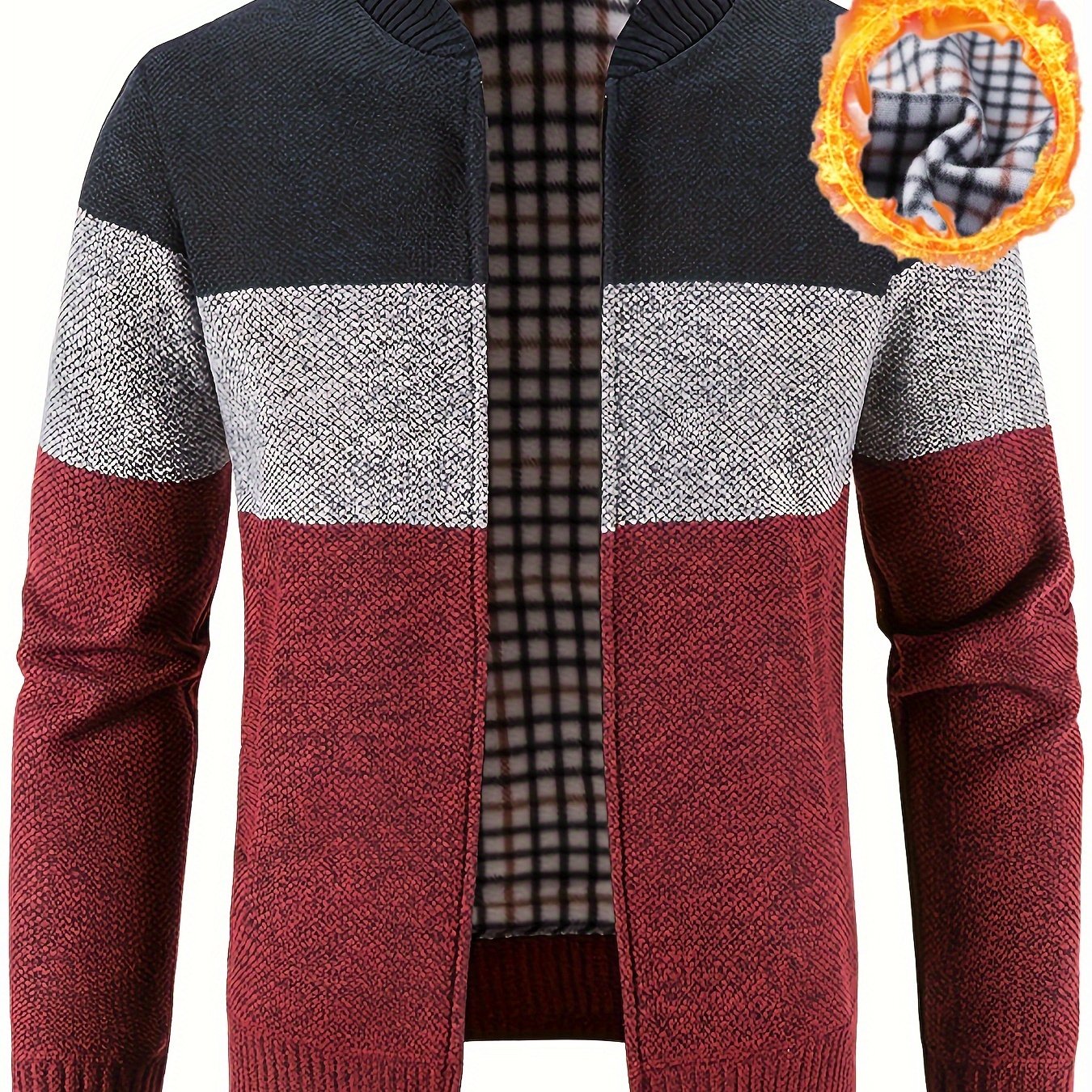 Men's High Neck Fleece Jacket with Color Block Knit Zip-Up Outerwear for Fall Winter