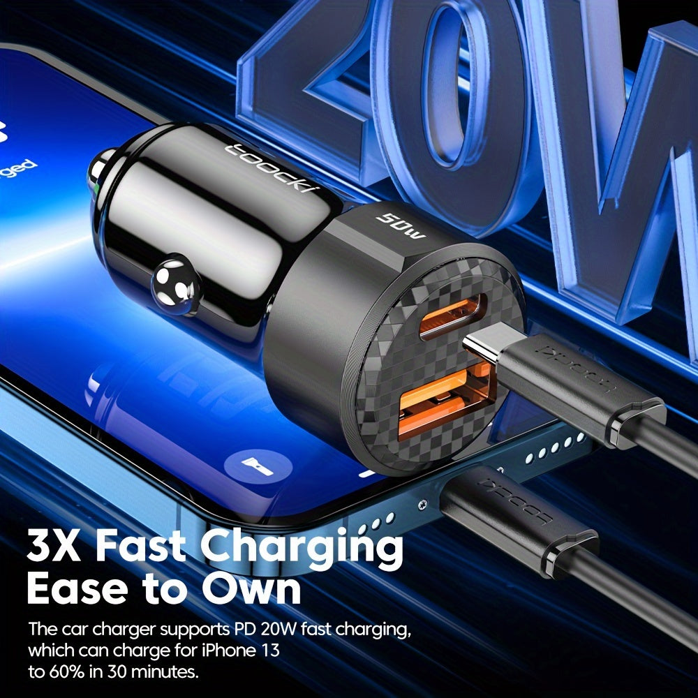 Car Charger 50W USB-C PD QC Fast Charging for Vehicles Portable Durable