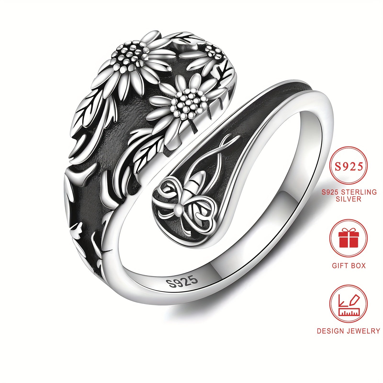 Sterling Silver Sunflower Daisy Ring Bohemian Style Floral Engraved Hypoallergenic Gift Box