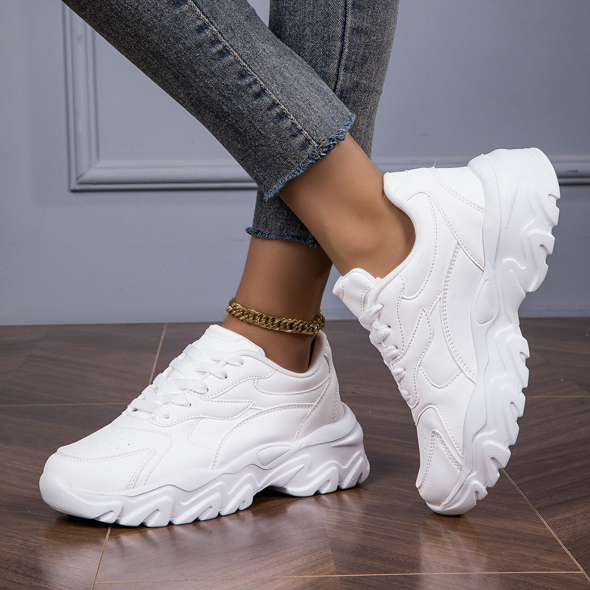 Women's White Chunky Dad Shoes Breathable Thick Sole Comfortable Sneakers for Running Fitness