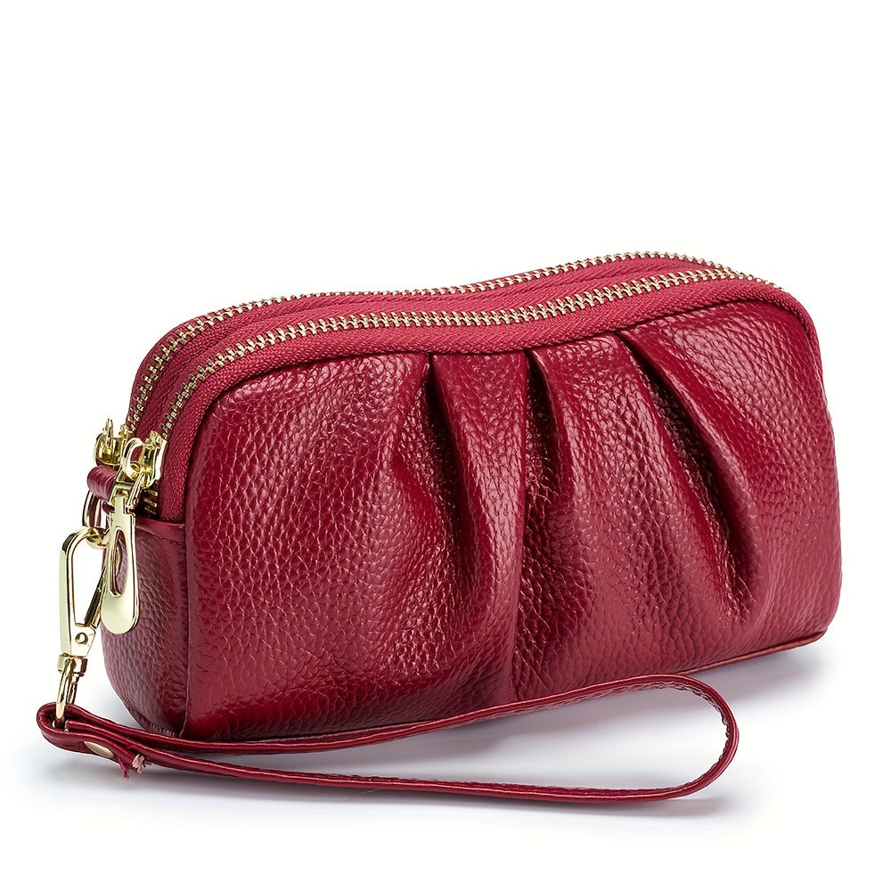 Genuine Leather Handheld Bag for Moms with Double Zipper Wallet and Mobile Case in Multiple Colors