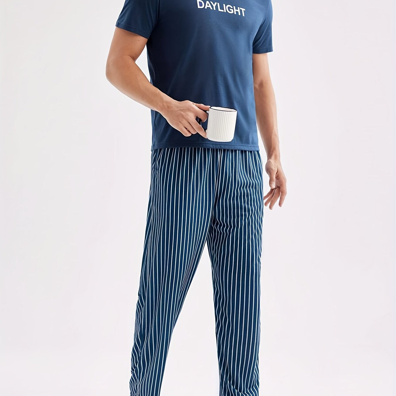 Men's Casual Short Sleeve Pajama Set with Striped Pants Made of Polyester Knit Fabric