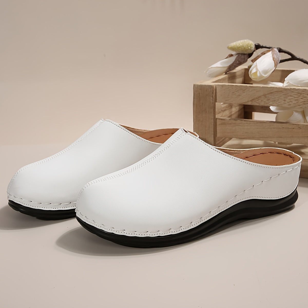 Women's Summer Slip-On Mules White Synthetic Rubber Sole Breathable Comfort