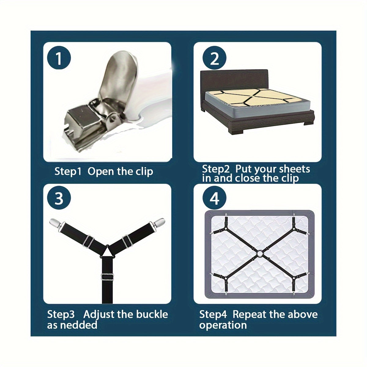 Adjustable Bed Sheet Suspenders 8-Clip Non-Textile Bed Sheet Holders Black White