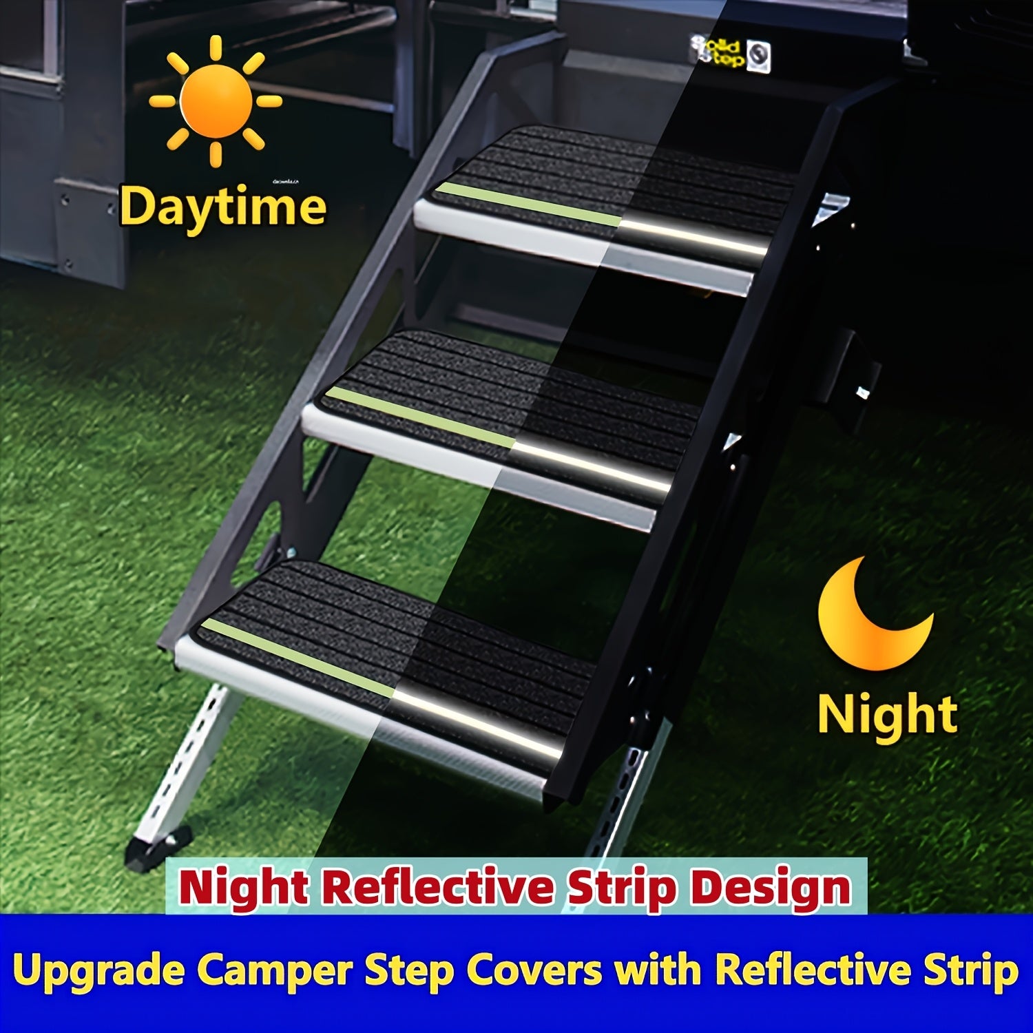 Juego de 3 piezas de cubiertas para escalón de RV, negro, poliéster, con tiras reflectantes duraderas, accesorios para acampar