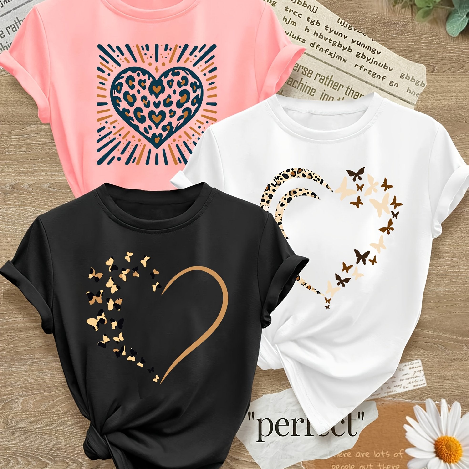 Women's Polyester Casual T-Shirts Set 3 Pack Large Size Heart Butterfly Patterns