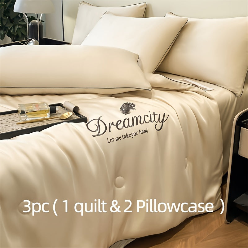 Summer Cooling Quilt Set with Embroidered Microfiber Pillowcases and Quilt