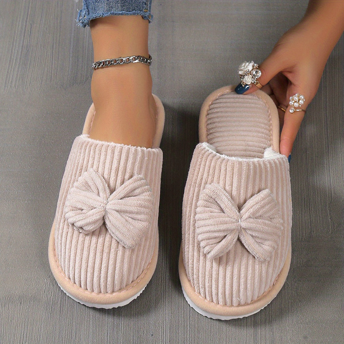 Fuzzy Slippers with Bowknot Soft Sole Fabric Indoor Casual Slip-On for Winter