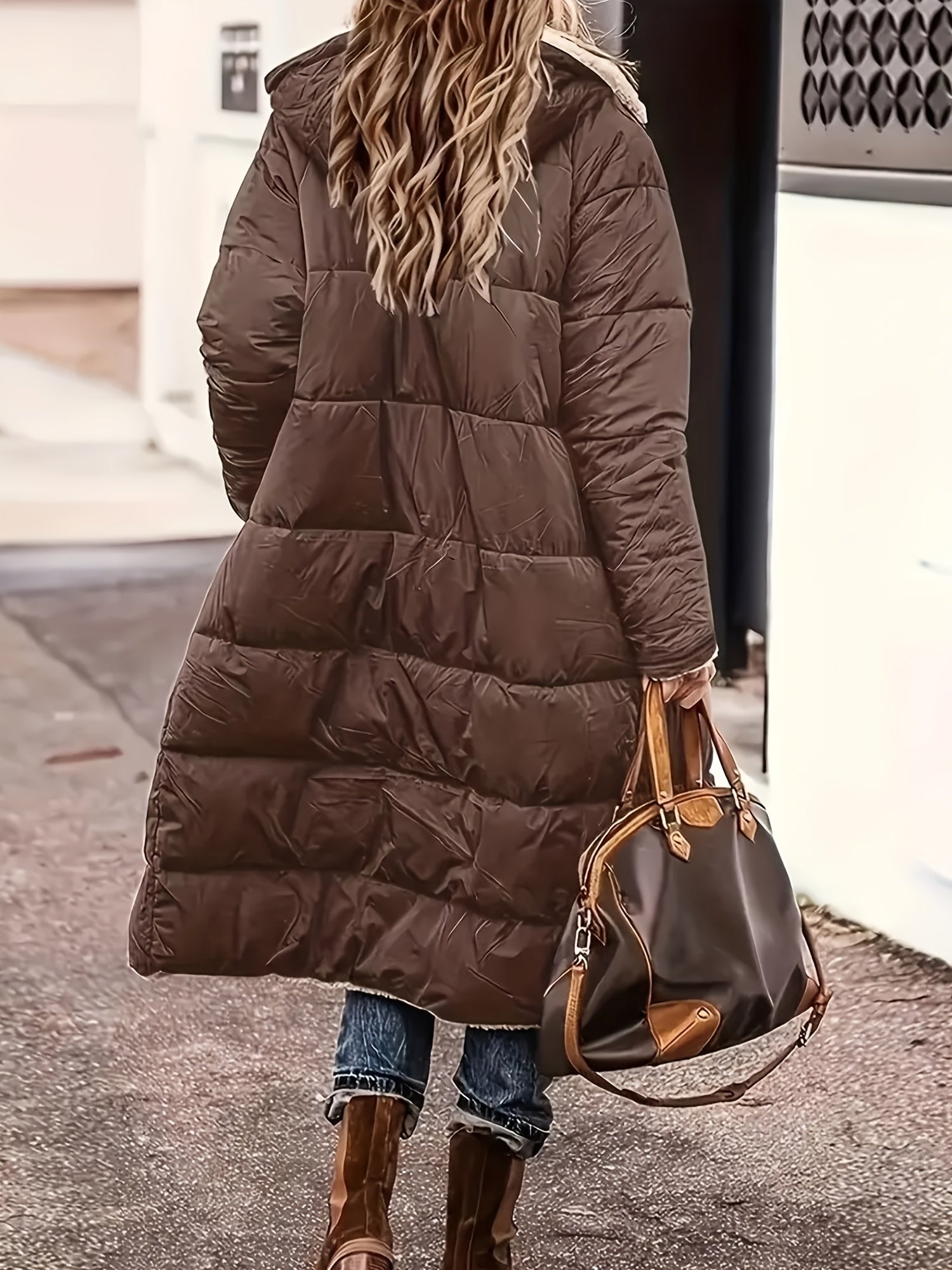 Long Padded Coat for Women with Fleece Lining Knee-Length Solid Color Winter Outerwear
