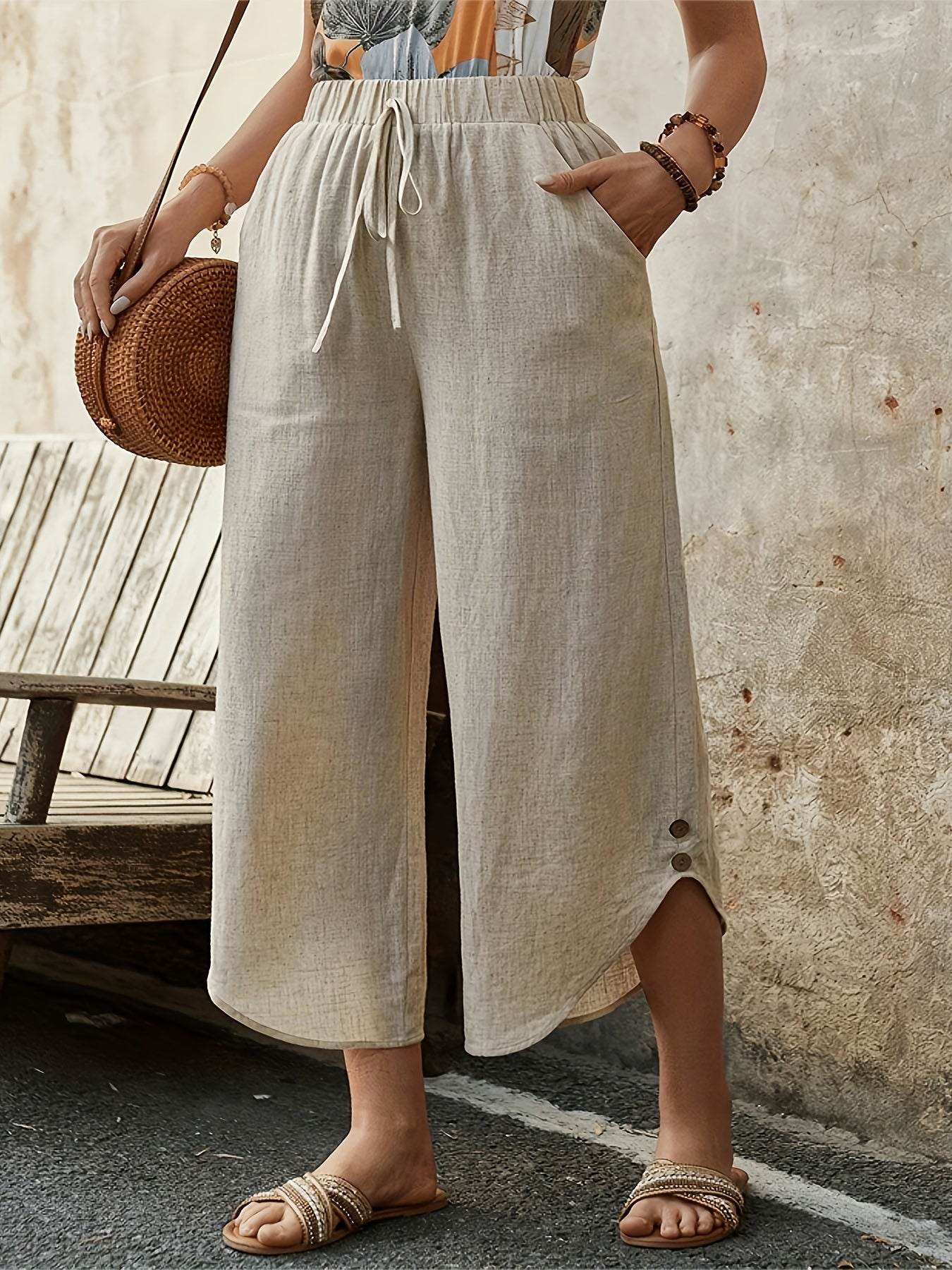 Women Plus Size Wide Leg Pants Solid Color Glassy Fabric Comfort All Season