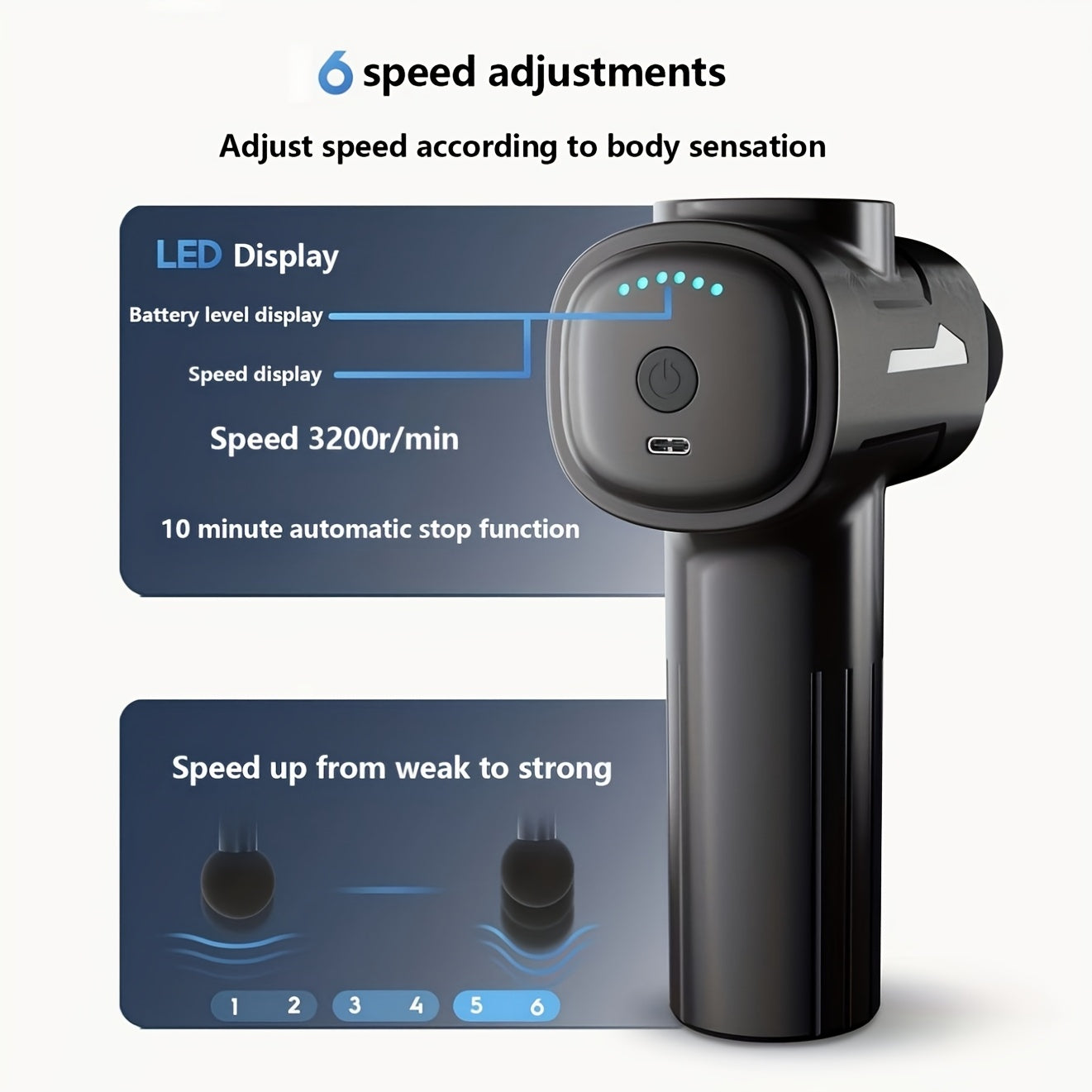 Deep Tissue Massage Gun with 8 Heads 6 Speeds Rechargeable Handheld Electric Muscle Massager