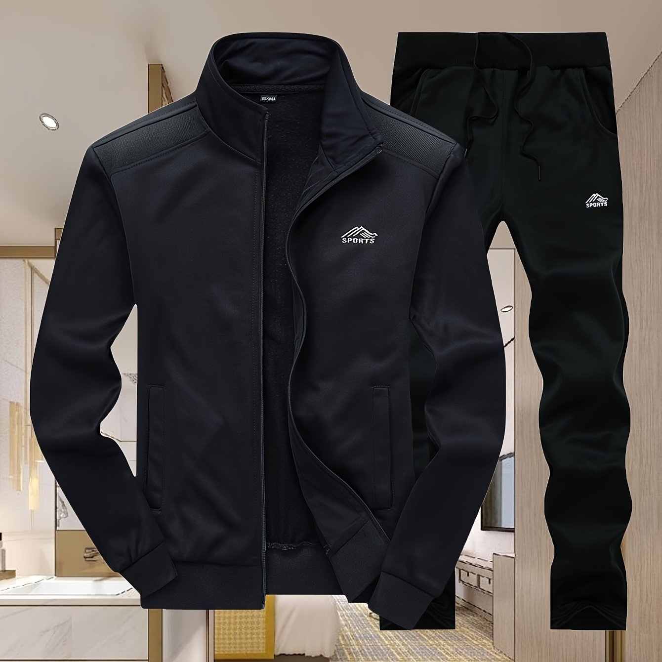 Men's Casual Sports Suit with Embroidered Zipper Jacket Polyester Stripes Spring Fall