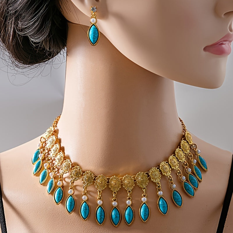 Vintage Boho-Chic Jewelry Set Rhinestone Faux Pearl Necklace Earrings Ring for Weddings and Events