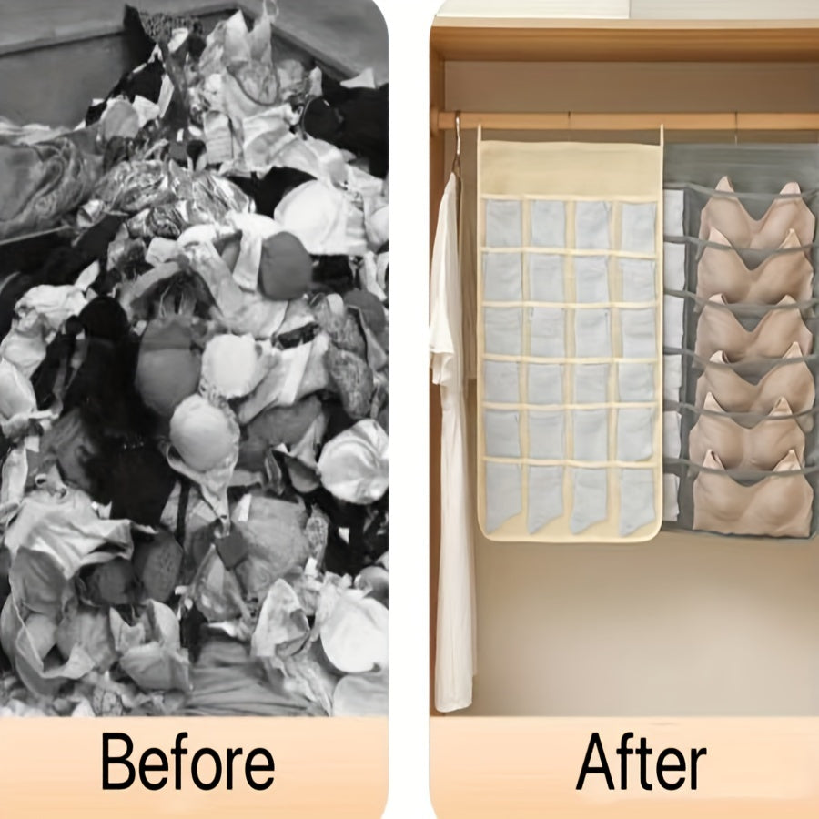 Double-Sided Hanging Underwear Organizer with Grids Foldable Storage for Socks Bras