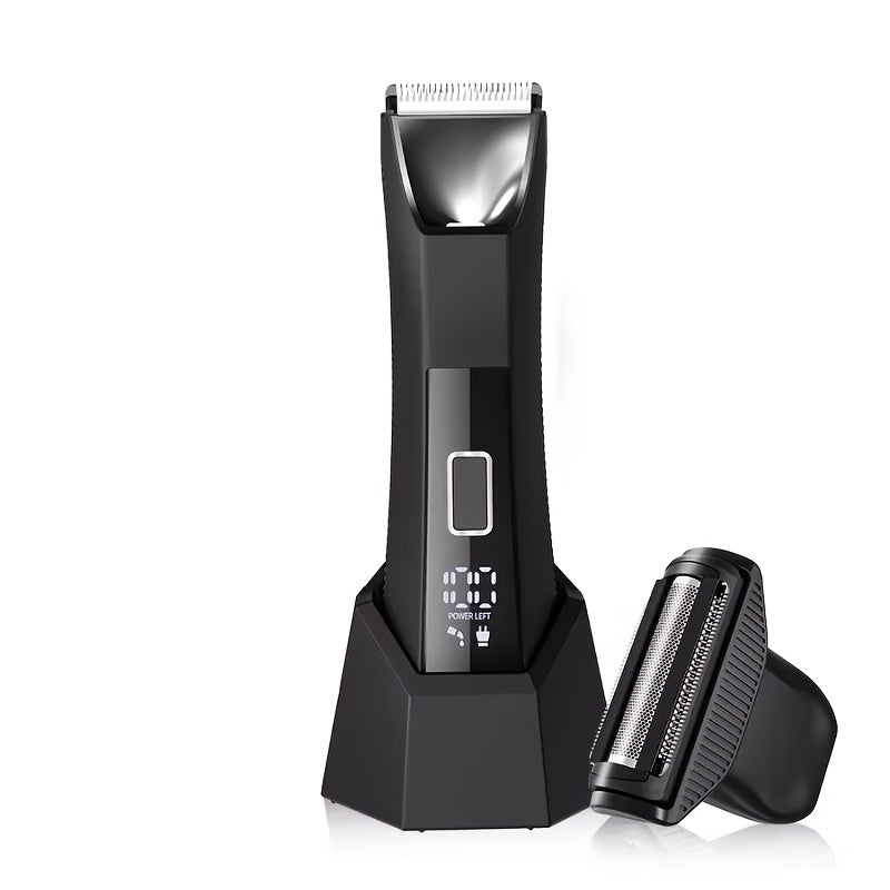 Dual-head body hair trimmer groin shaver stainless steel blades LED display USB rechargeable lightweight travel lock 60+ min runtime