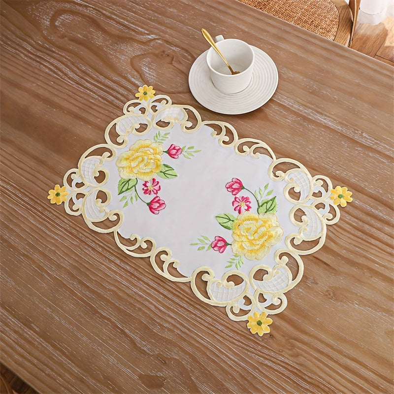 Polyester Table Runner with Hand-Cut Embroidered Flowers and Butterflies White Floral Decor