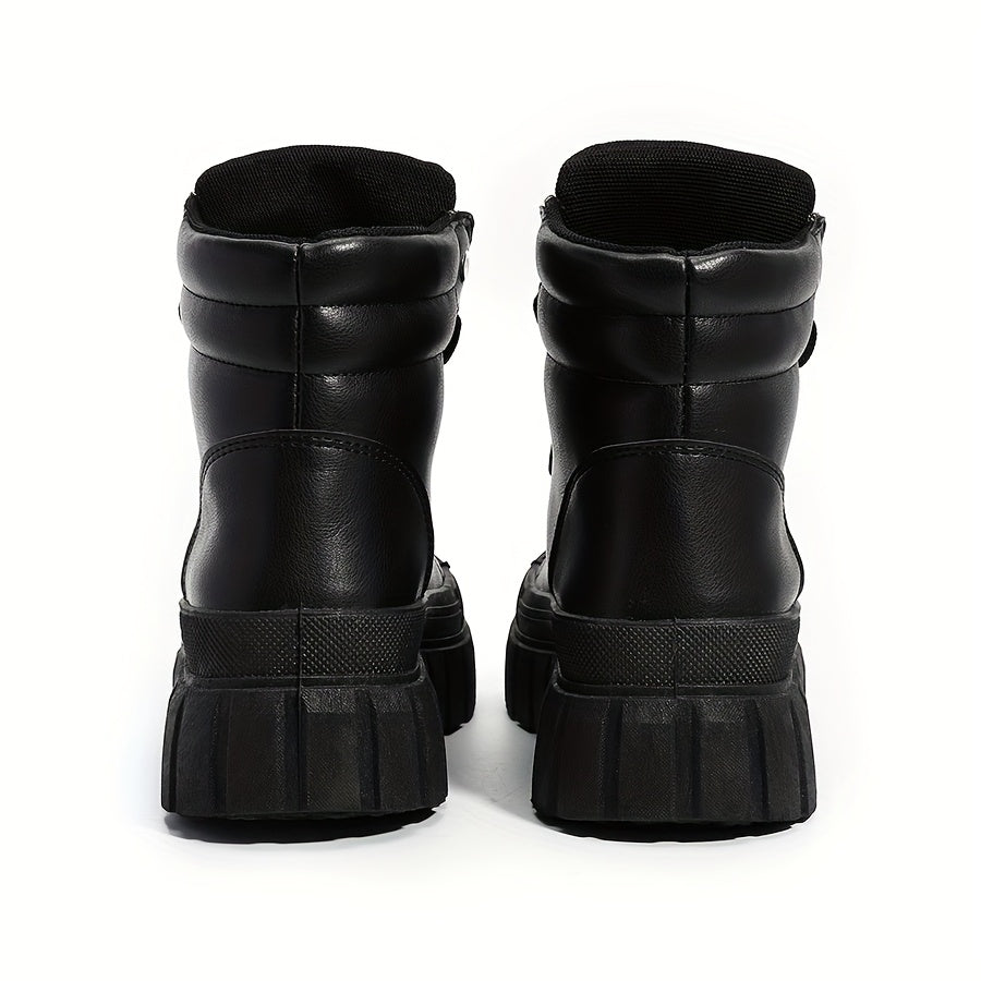 Women's Black High-Top Platform Boots with Zipper and Metallic Accents