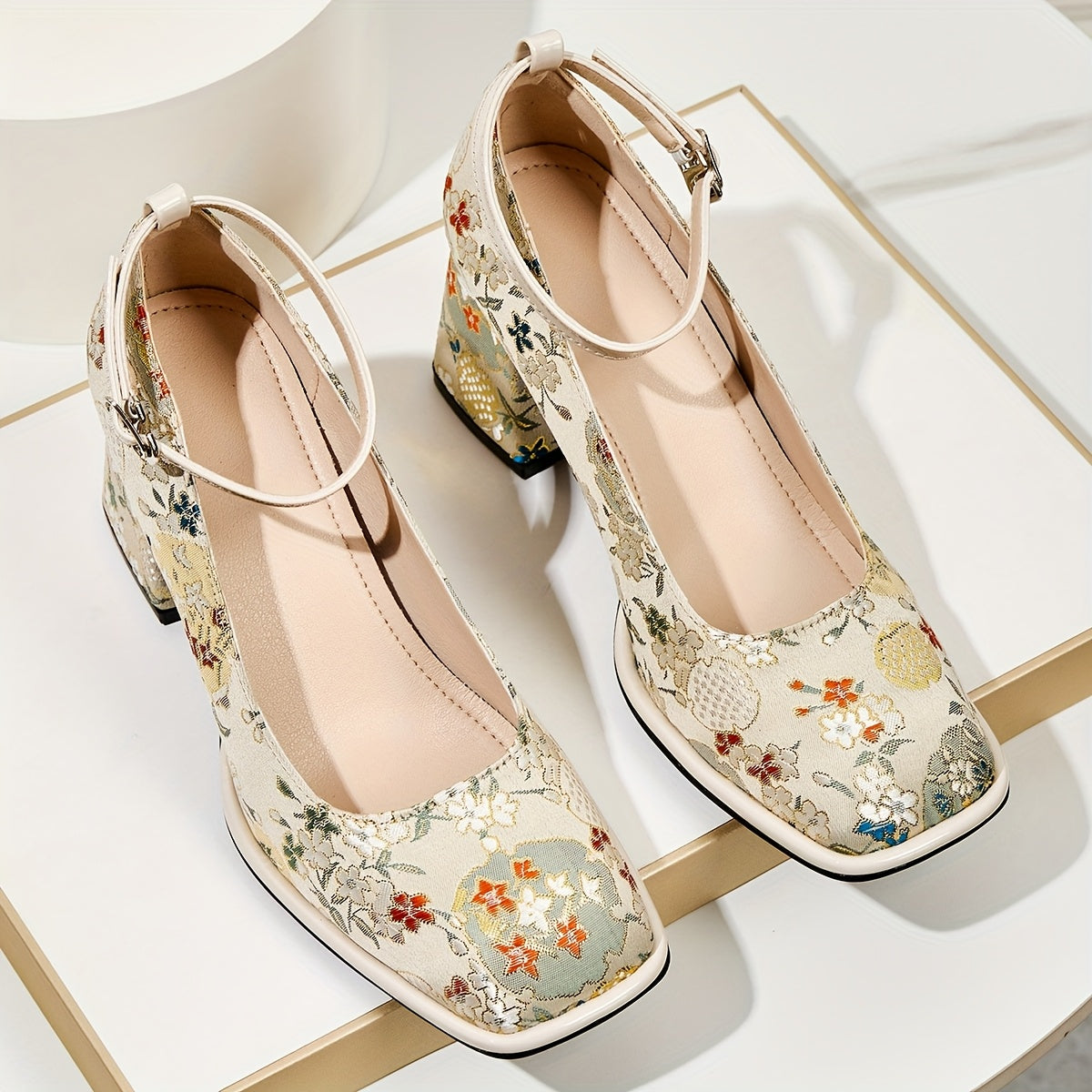 Women's Floral Block Heel Pumps Dress Shoes with Ankle Straps