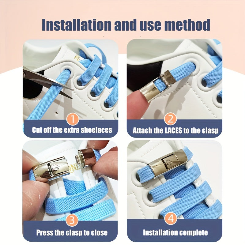 Unisex Elastic Flat Shoelaces With Metal Buckles No Tie Shoe Accessories