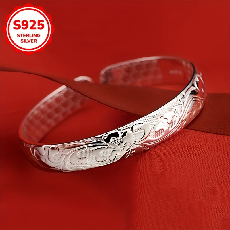 925 Sterling Silver Bangle, zamonaviy retro gullar dizayni bilan ochiq uslubda.
