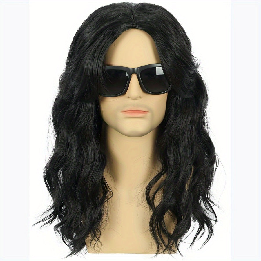 Black Long Fluffy Curly Wig for Men, Casual Party Halloween Cosplay