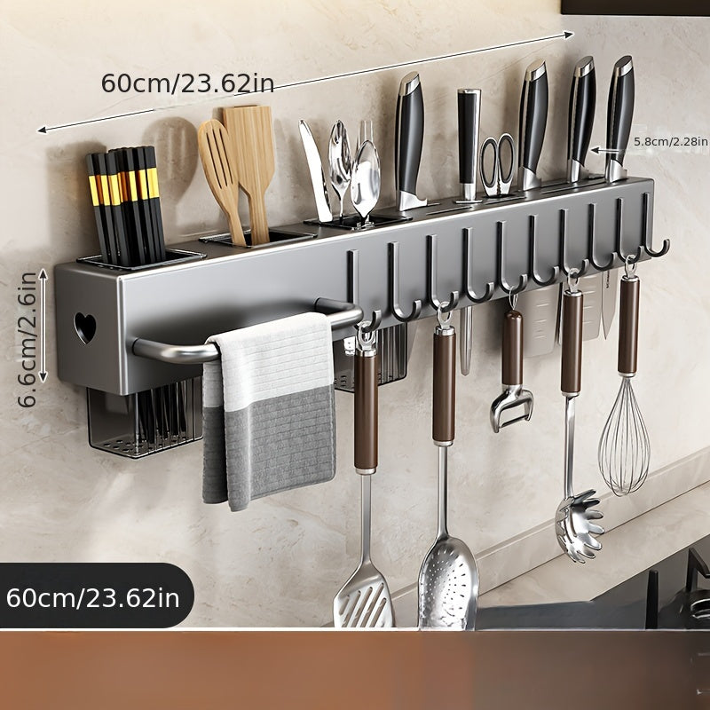 Wall-Mounted Kitchen Utensil Holder with Hooks, Metal and Plastic Storage Rack