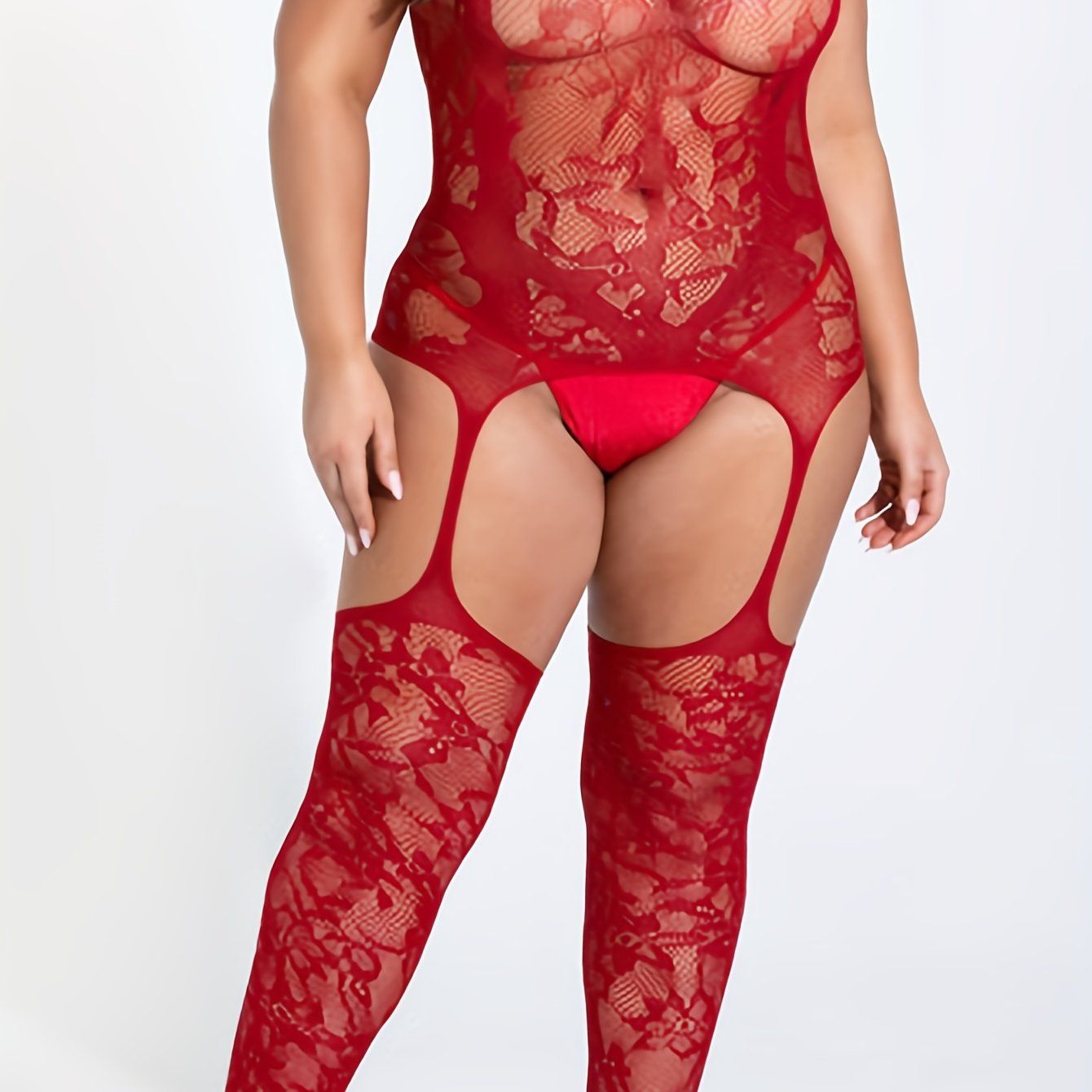 Plus Size Sheer Pink Fishnet Bodystocking with Floral Lace Open Crotch