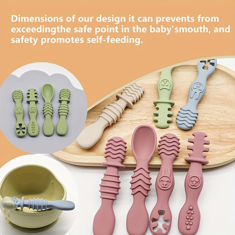 Набор из четырех силиконовых ложек для жевания для малышей, изготовленных из силиконового материала пищевого качества. В этот набор входят две ложки и две вилки, идеально подходящие для обучения и мягкого кормления для детей.