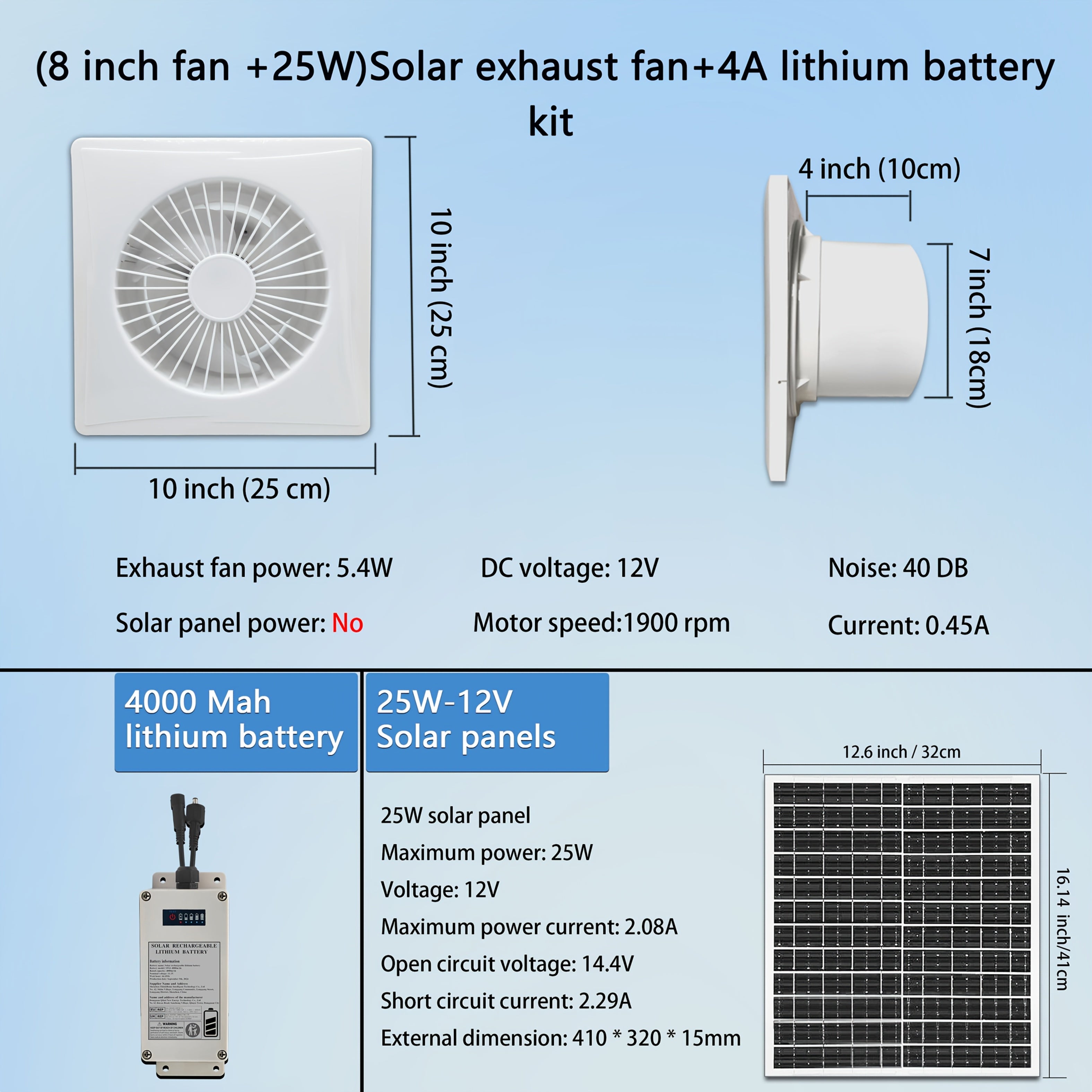 25W Solar-Powered Exhaust Fan with 4000mAh Battery for Greenhouses Sheds Chicken Coops Pet Houses