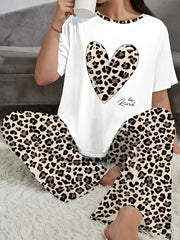 Women's Valentine's Day Leopard Heart Print Pajama Set Short Sleeve Top Elastic Pants