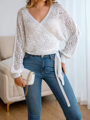 Женский кружевной свитер с V-образным вырезом и поясом, кардиган с длинными рукавами, летний слой
