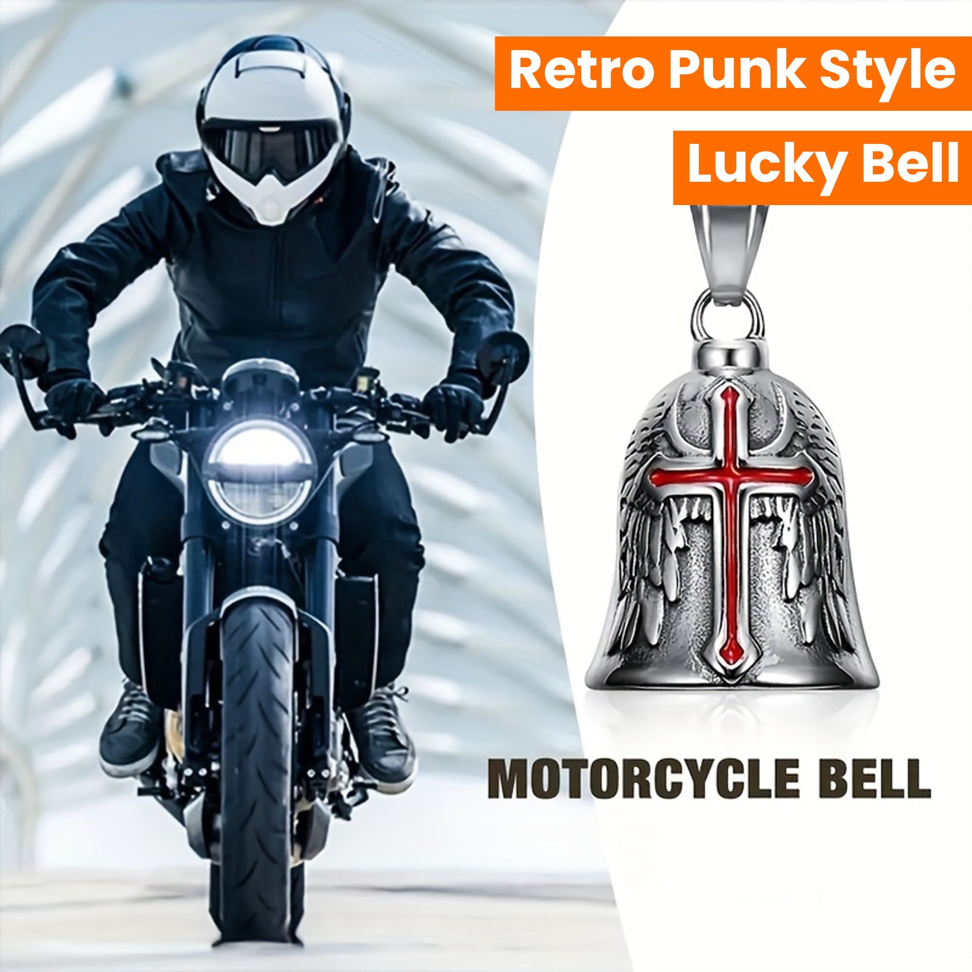 Campana de guardián de estilo punk retro para hombres, colgante de motocicleta, cruz, ala de ángel, metal