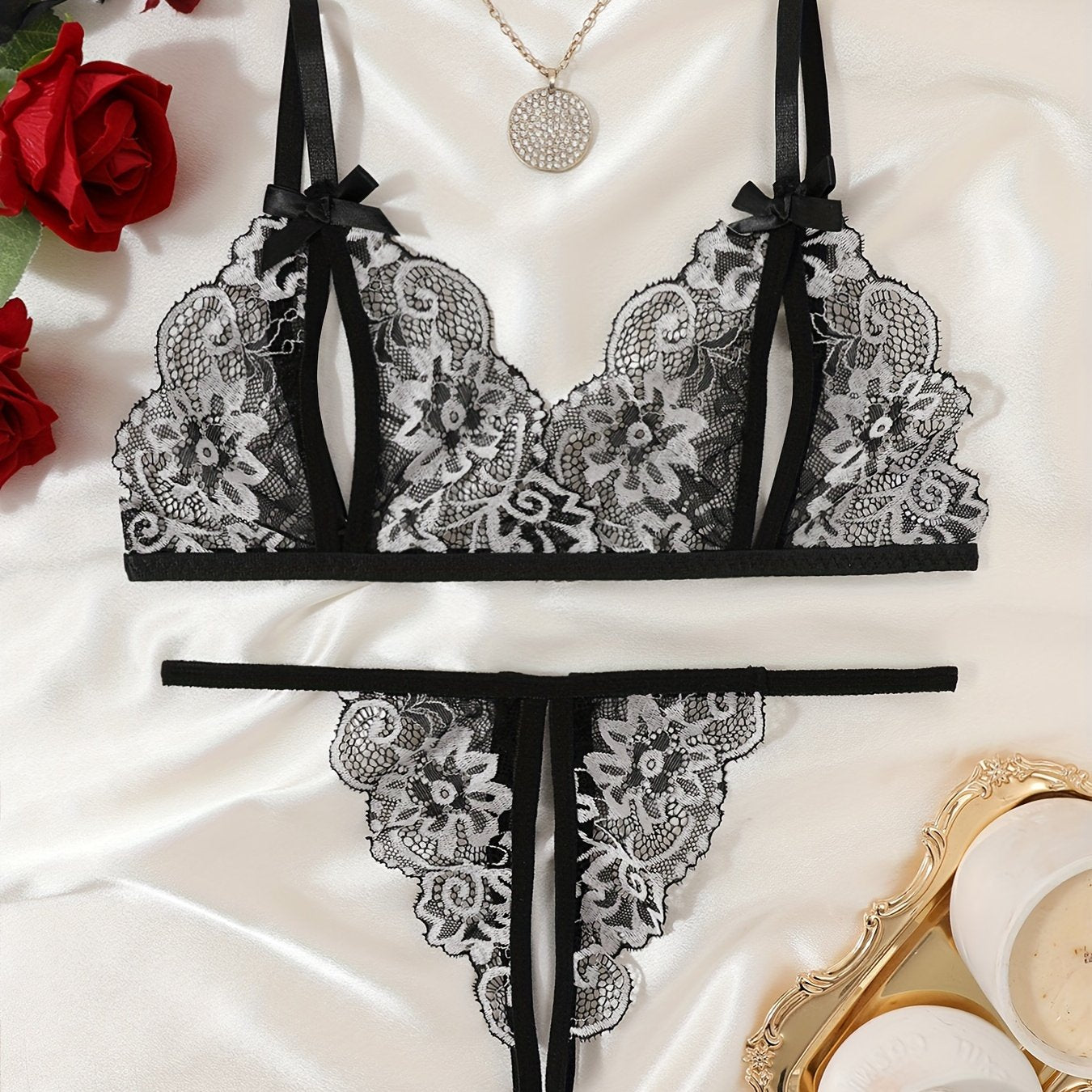 Floral Lace Lingerie Set with Cupless Bralette and Crotchless Thong