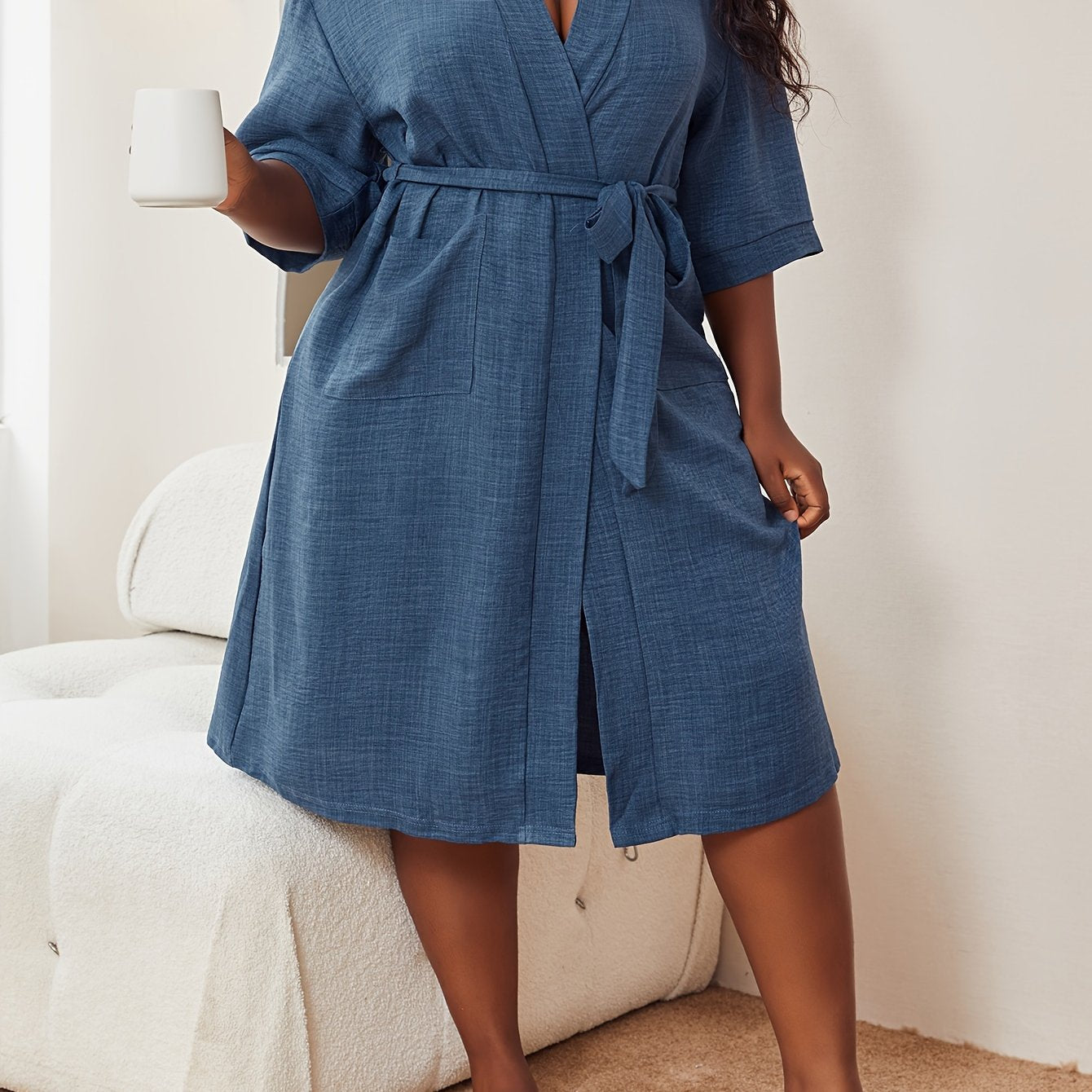 Women’s Micro-Elastic Polyester V-Neck Robe with Pockets and Belt