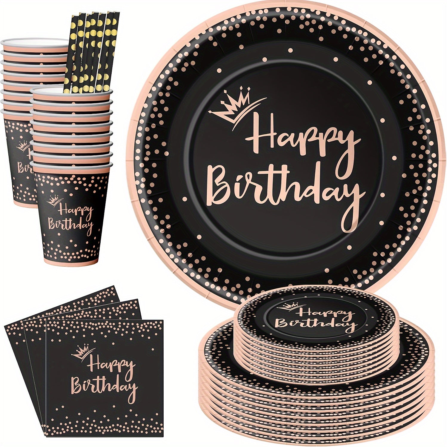 Set of 10 Black and Rose Gold Birthday Party Supplies Princess Crown Dinner Plates Napkins Cups Dessert Plates