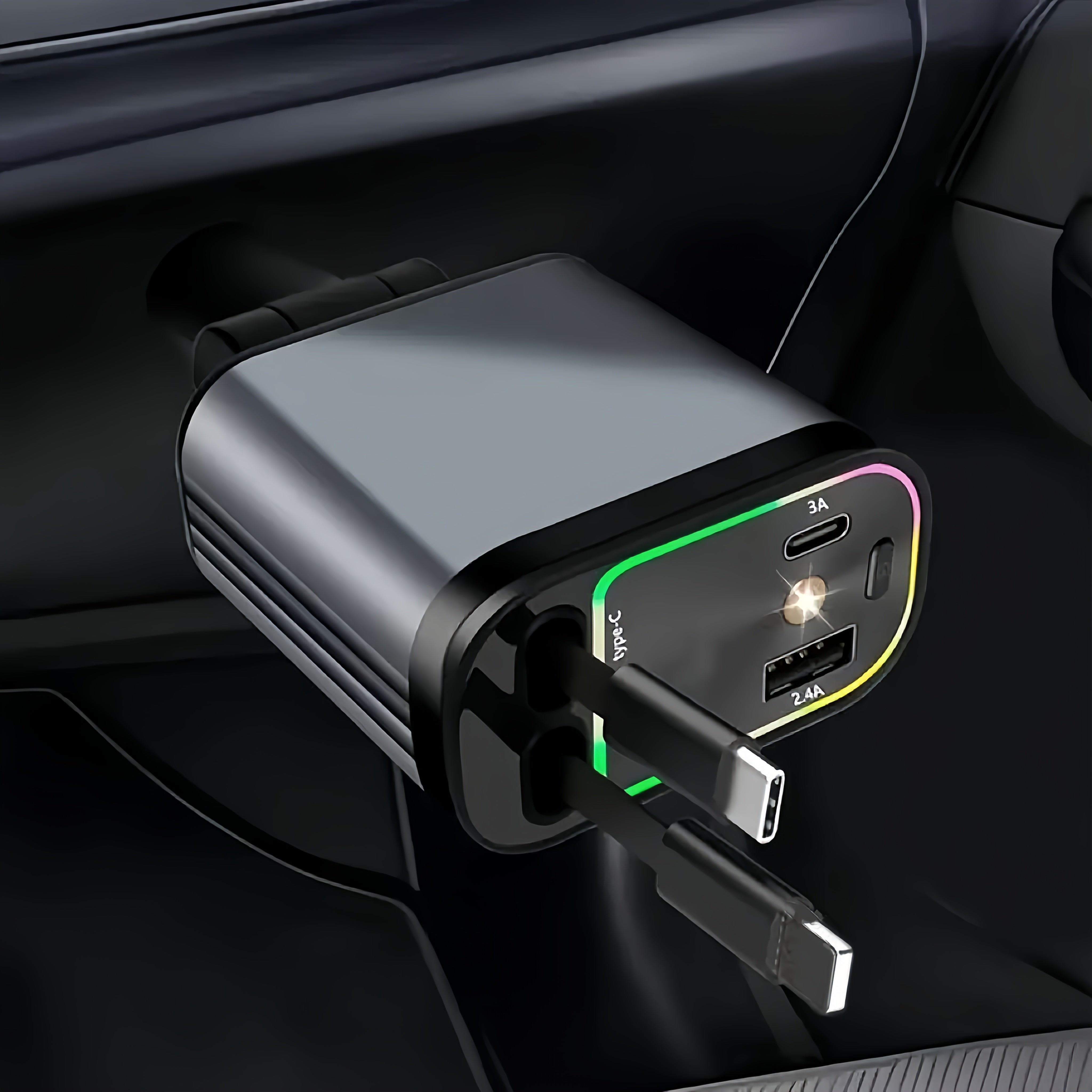 4-in-1 Avtomobil zaryadkasi Universal USB-C PD QC 4-portli tortli kabel