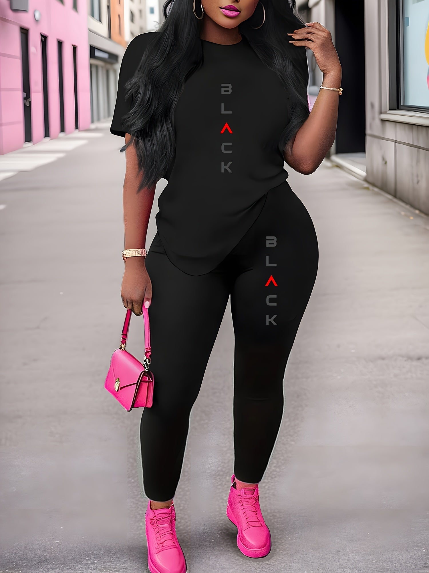 Women's Summer Sports Set Long Pants Short Sleeve Letter Print Elastic