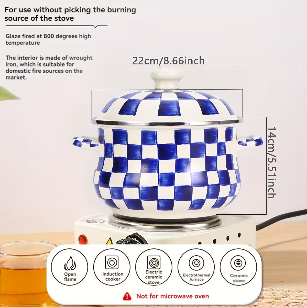 Enamel Saucepan with Lid Blue and White Checker Pattern 8.66-Inch Large Capacity Soup Pot