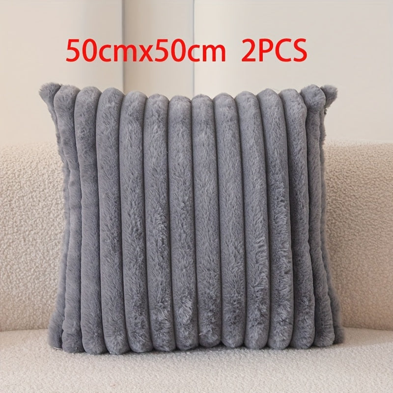 2 Pack Faux Fur Plush Decorative Throw Pillow Covers Cream White Striped for Sofa Couch Bedroom