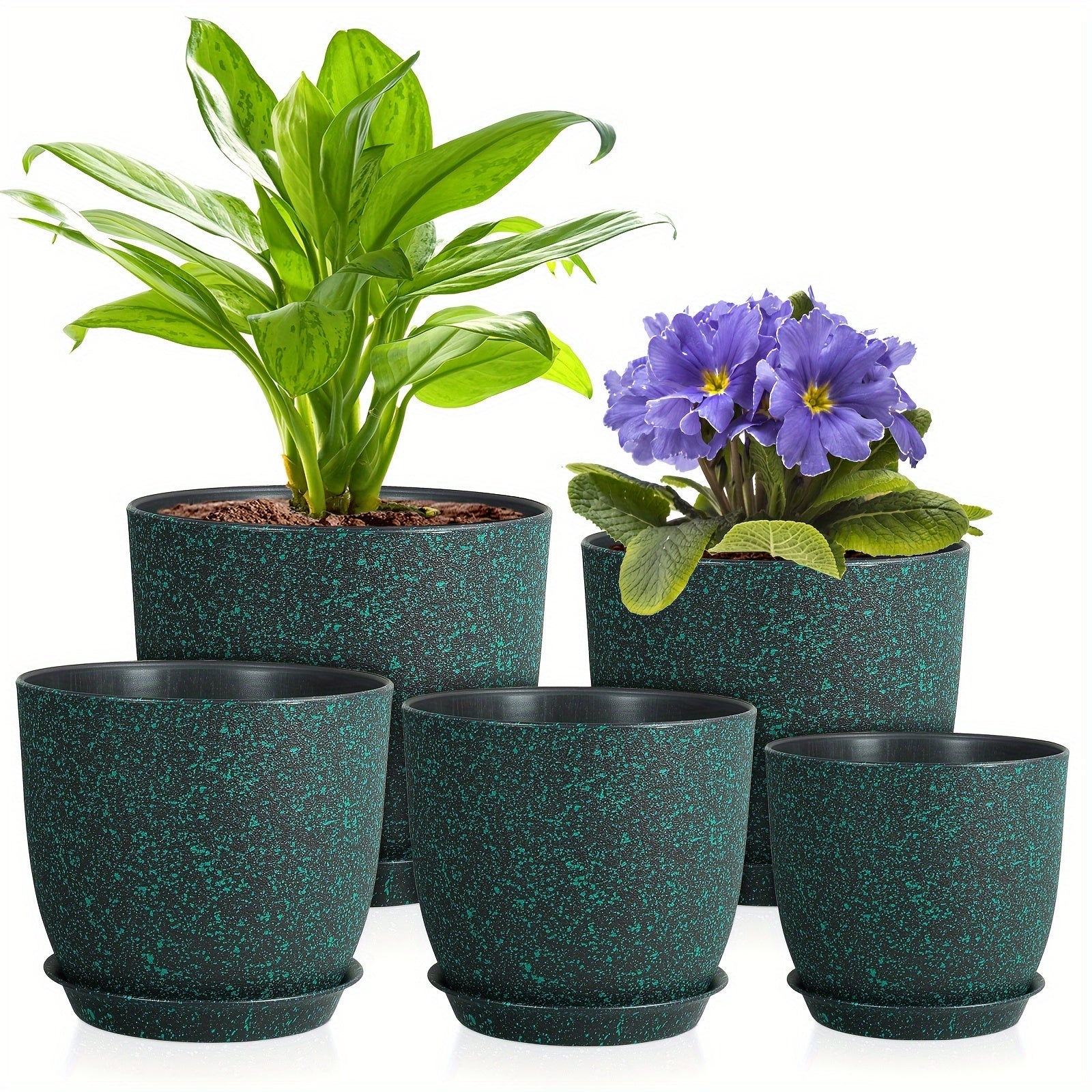 Set of 5 Self-Watering Plastic Planters with Drainage Holes for Indoor Outdoor Succulents and Houseplants