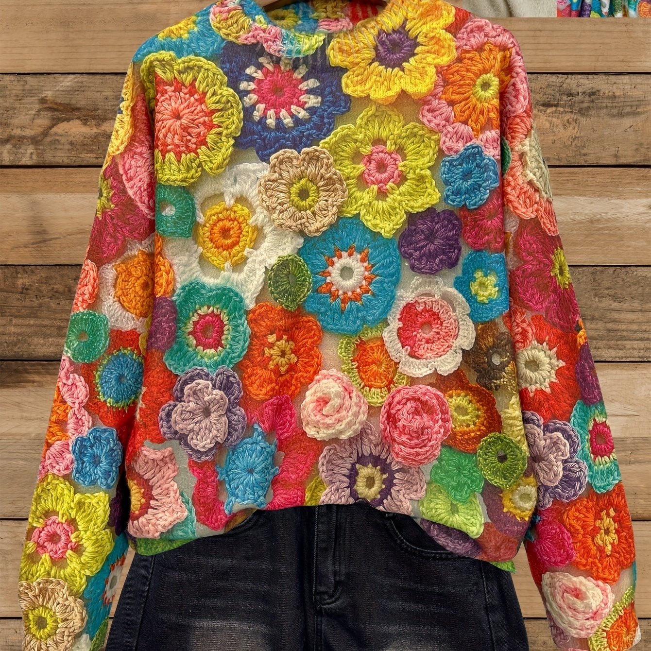 Women's Plus Size Knit Sweater Long Sleeve Crew Neck Floral Print Warm Top
