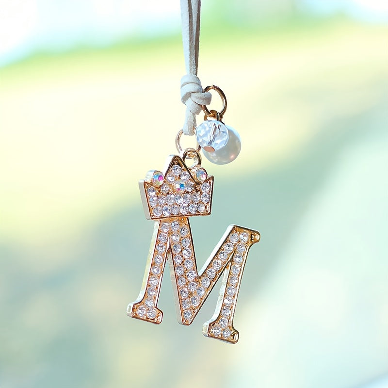 Alphabet Car Mirror Charm Set with Sparkling Crown Pendants for Vehicle Decoration