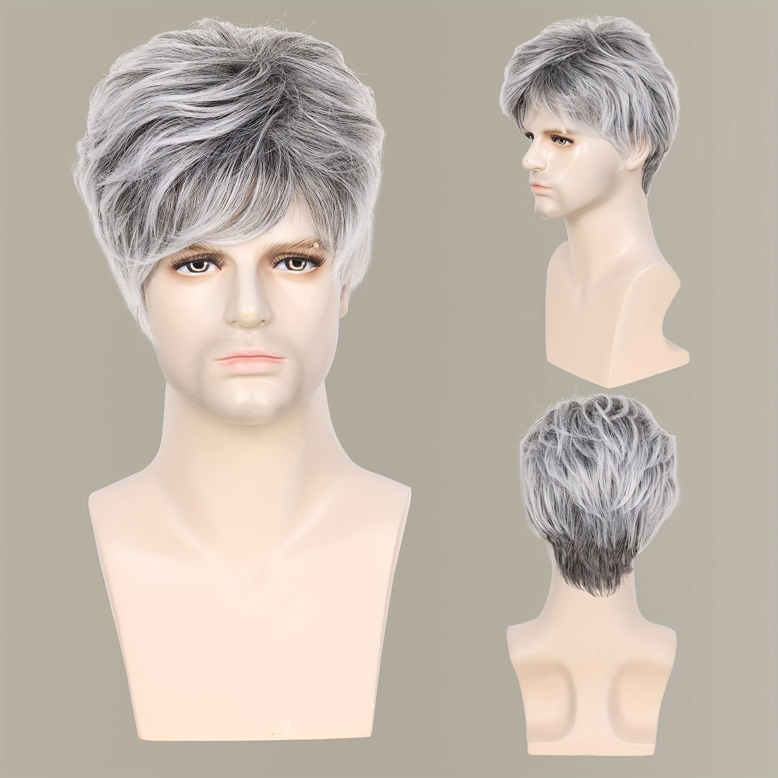 Synthetic Hair Wig 20.32cm Silvery Gray with Bangs for Cosplay and Daily Wear